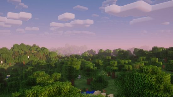 Best Minecraft shaders: a view of the skyline and trees in the Nostalgia shader during sunset.