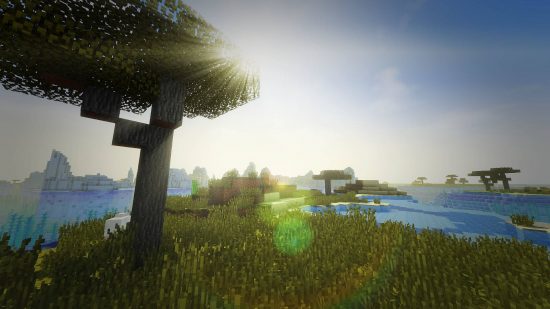 Best Minecraft Shaders - The Werrus shader showing a field with lakes and the glare from the sun.