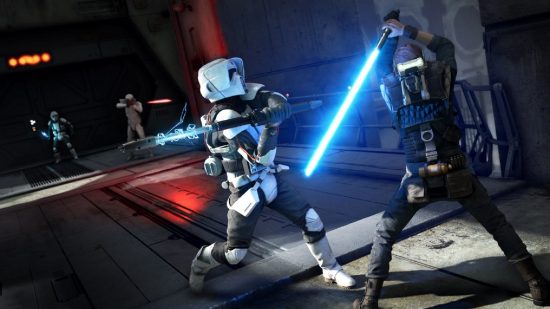 Best Star Wars games on PC: a warrior with a laser sword holds it defensively against their opponent