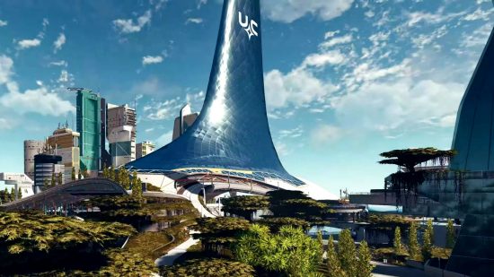 Starfield New Atlantis: Ein hoher Glasturm erhebt sich aus dem Stadtbild, mit den Buchstaben „UC“ an seiner Spitze