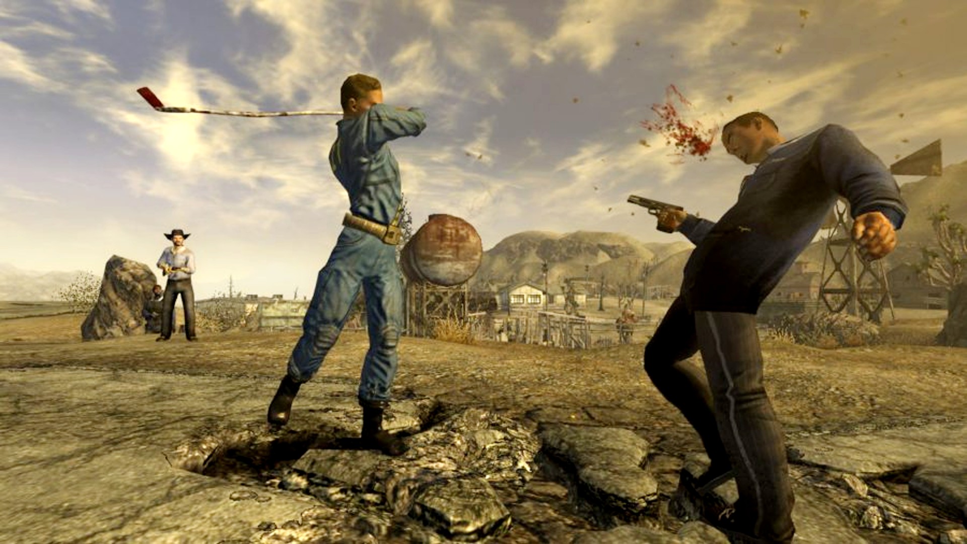 Best RPG games: Fallout: New Vegas. Image shows a person whacking someone with a golf club while someone watches in the background with a gun.