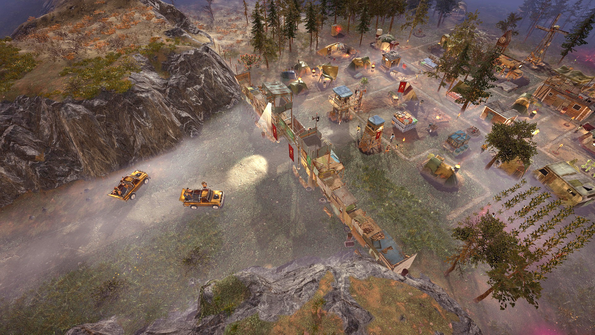 Melhores jogos de construção da cidade: sobreviver às consequências. A imagem mostra um assentamento desgastado em uma floresta limpa, com alguns carros nas proximidades