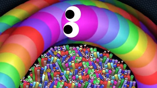 Bst io games: a rainbow endless snake loops back on itself