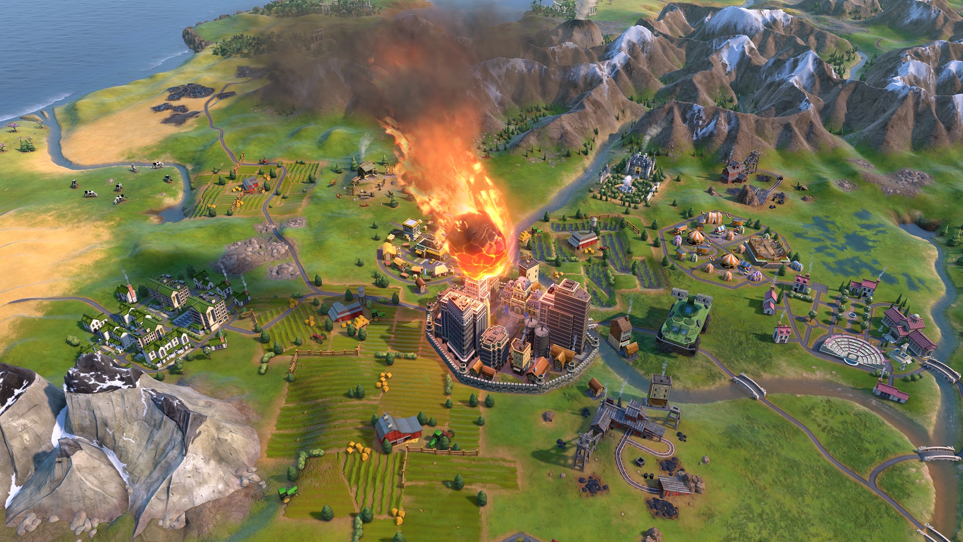 Best strategy games: Civilization 6. Image shows a meteorite about to collide with a city in a mountainous region.