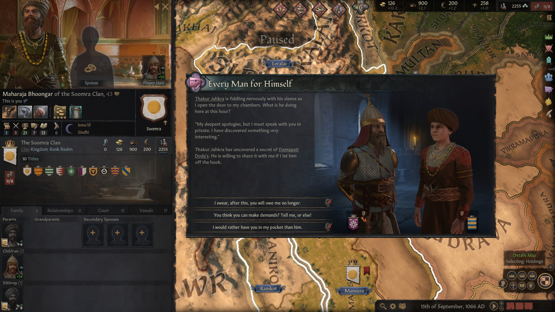Best strategy games: Crusader Kings 3. Image shows two characters interacting under the title "Every man for himself".