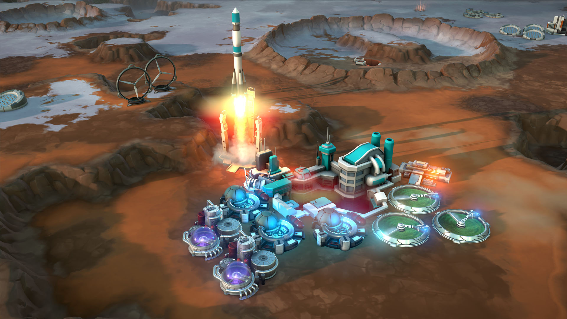 Best strategy games: Offworld Trading Company. Image shows a missile launching from a base on an alien planet.