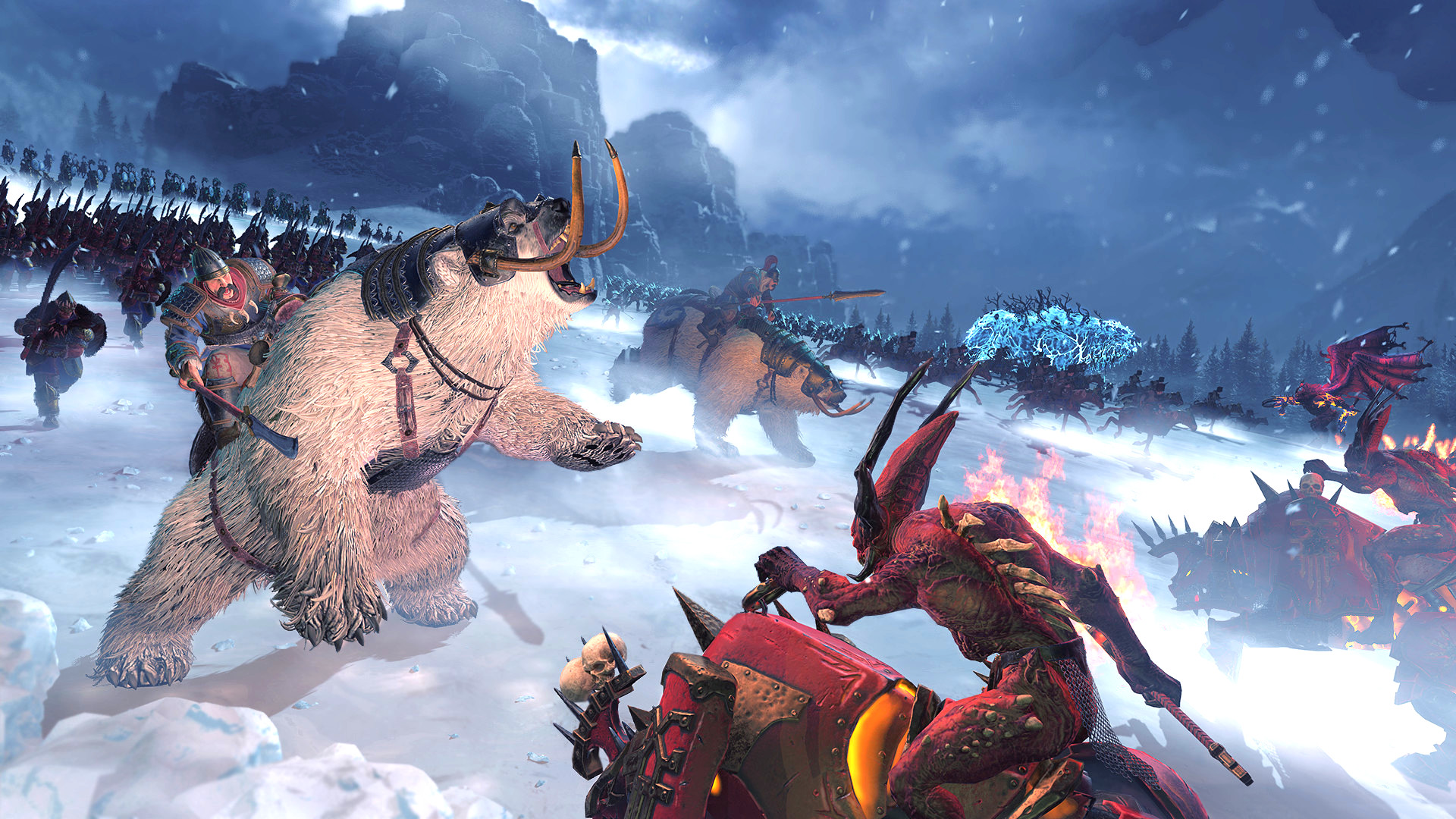 Best strategy games: Total War: Warhammer 3. Image shows a polar bear-like creature in a snowy wilderness.