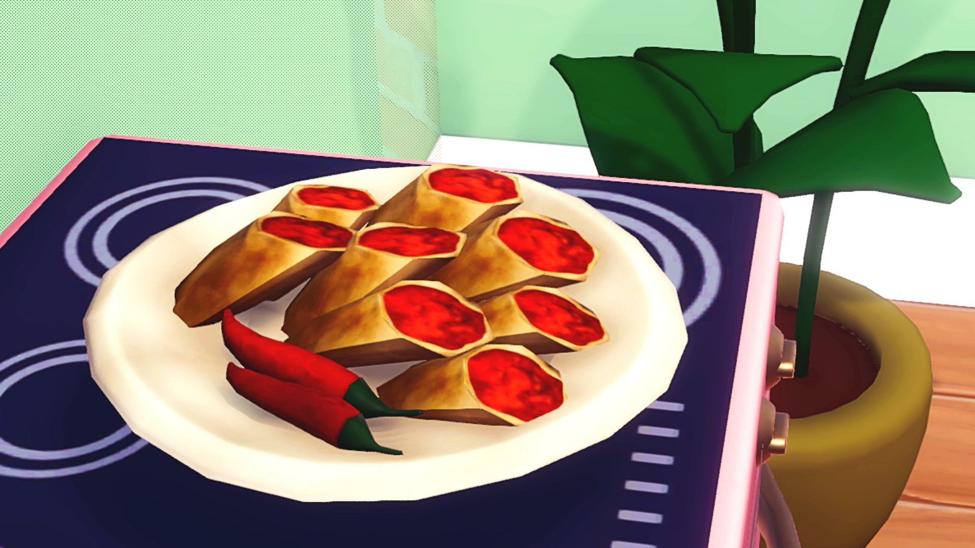 Disney Dreamlight Valley three star recipes: Kappa Maki, four pieces of kappa maki sushi sit on a wooden sushi platter.