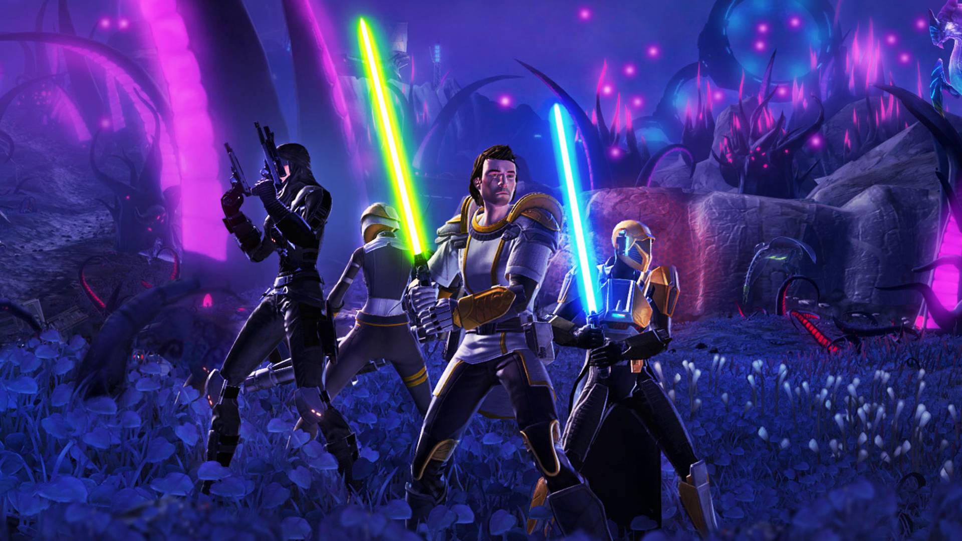 Los mejores MMO gratis: Star Wars: The Old Republic. La imagen muestra un grupo de Jedi preparándose para la batalla