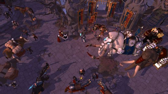 Juegos de vapor gratuito: Albion en línea. La imagen muestra una plaza de la ciudad de fantasía con adoquines y personas que caminan sobre ella. Incluso hay elefantes