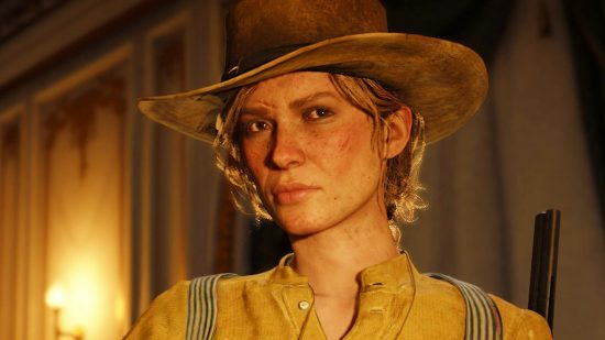 Red Dead Redemption 2 gets big Red Dead Online update and new missions: A gunslinger, Sadie Adler from Red Dead Redemption 2, wears a hat and yellow shirt