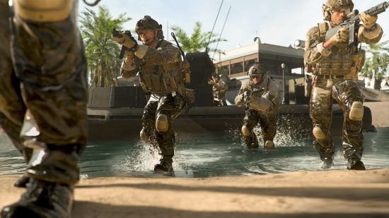 Call of Duty Modern Warfare 3: soldiers run through a water fountain in one of the best FPS games
