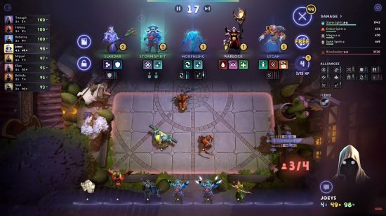Juegos de vapor gratuito: Dota 2 Underlords. La imagen muestra un tablero de juego con varios personajes fantásticos en o alrededor de él
