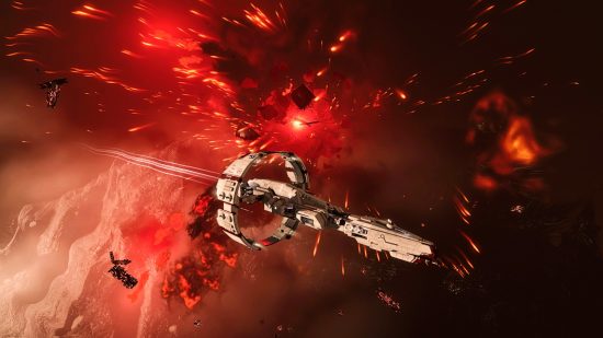 Jogos a vapor gratuitos: EVE Online. A imagem mostra uma batalha espacial épica se desenrolando em um céu preto e vermelho