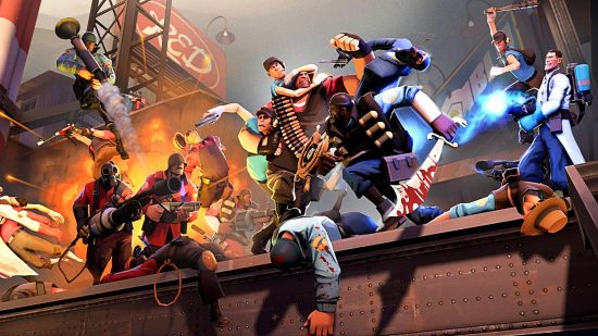 Juegos Free Steam: Team Fortress 2. La imagen muestra el elenco del juego que se está jugando y tratando de matarse entre sí en una ubicación industrial