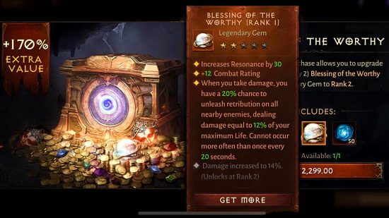 Diablo Immortal – eines der Blessing of the Worthy-Bundles im In-Game-Shop, das eine falsche Beschreibung der Effekte des Edelsteins zeigt