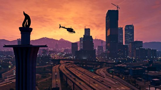 Games like Sims: A cityscape view of the fictional city of Los Santos, inspired by Los Angeles with its spaghetti motorways, rolling hills, and developing skyscrapers as a helicopter flies low overhead.