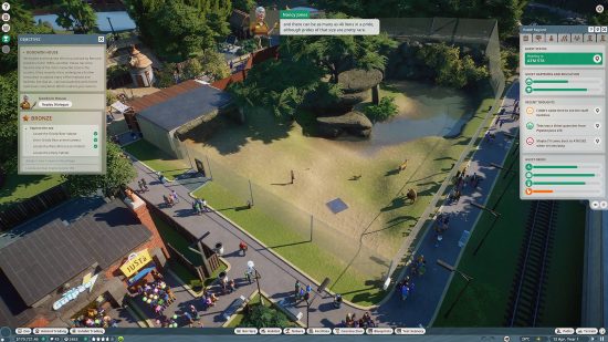 Games like Sims: An overview of a zoo in Planet Zoo, depicting visitors milling about a path that curves around an empty enclosure.
