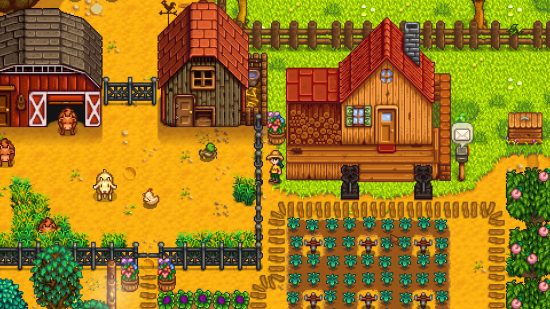 Games like Sims: An overview of a thriving farm in Stardew Valley, which include a vegetable plot, animal barn, and a quaint path up to the house you inherit at the beginning of the farming sim.
