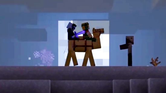 Minecraft camel multiplayer and combat: two players kill a zombie while riding a camel