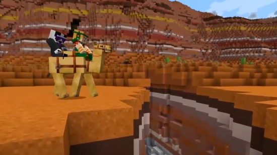 A Minecraft camel is approaching badlands ravine.