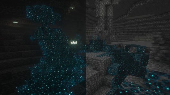 Minecraft night vision potions: the Deep Dark biome with and without night vision