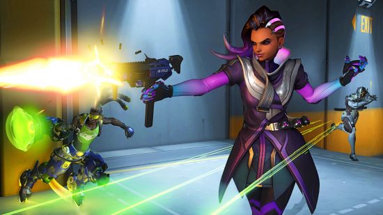 Overwatch 2 characters: Sombra firing her machine pistols with Lucio in the background