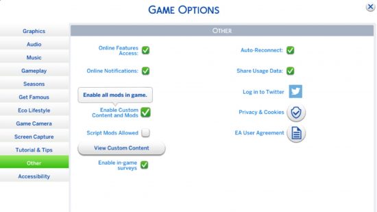 Sims 4 CC: in-game options menu for turning on custom content