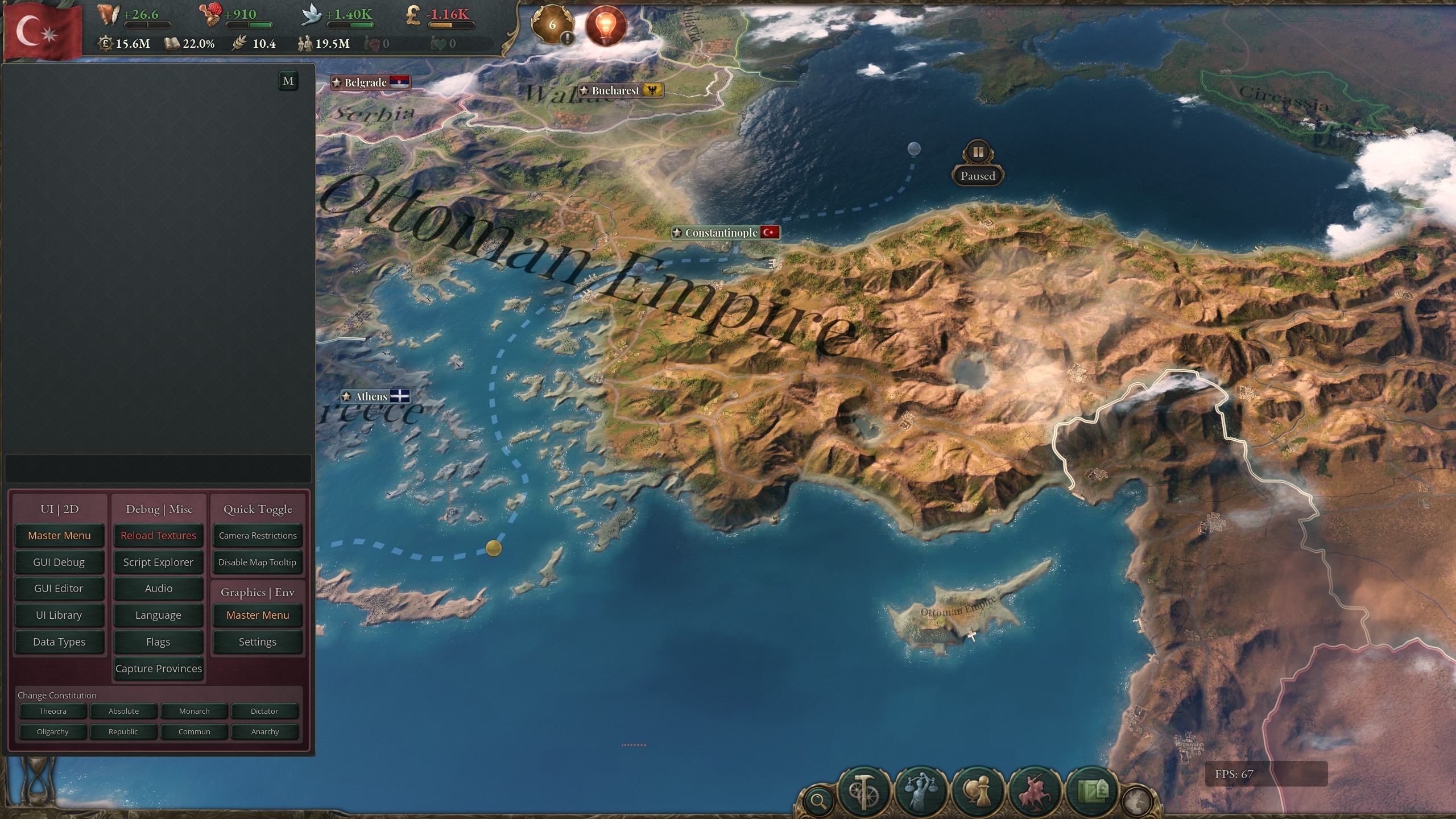 Victoria 3 cheats and console commands: The Victoria 3 debug menu is shown on the left-hand side of the main screen