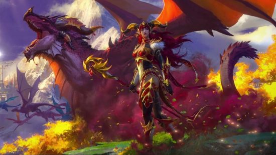 El arte de Alexstrasza de WoW Dragonflight tomó más de 30 horas, dice Blizzard El arte de Alexstrasza de WoW Dragonflight tomó más de 30 horas, dice Blizzard: Una mujer dragón con cuernos rojos curvos que lleva una armadura roja y dorada reveladora se para frente a un enorme dragón rojo en un área verde