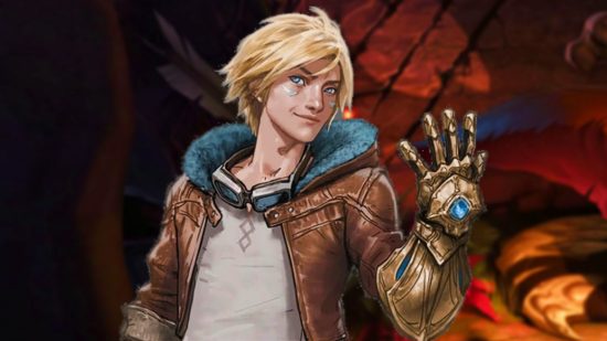 League of Legends - champion Ezreal in a brown leather jacket, holding up his hand in a golden glove