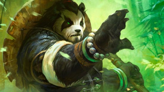World of Warcraft: un monje pandaren preparado para la batalla, con su sombrero de paja atado a la espalda y un bastón de bambú en la mano.
