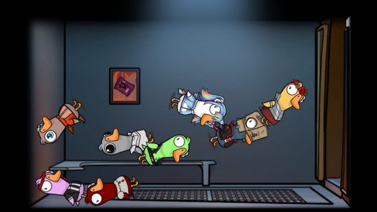 Los mejores juegos gratuitos de Steam - Goose, Goose, Duck: un equipo de gansos y patos multicolores flotan en el vestíbulo antes de un partido