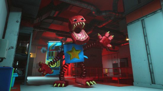 Los mejores juegos de vapor gratuito - Project Playtime: un juguete gigante, rojo y azul malvado con resortes para brazos y piernas lleva sus dientes afilados