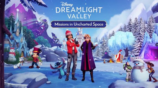 Next Dreamlight Valley update release date schedule: The art for the Missions in Unchartered Space update 2, featuring Mickey, Merlin, Anna, and Stitch on a snowy landscape