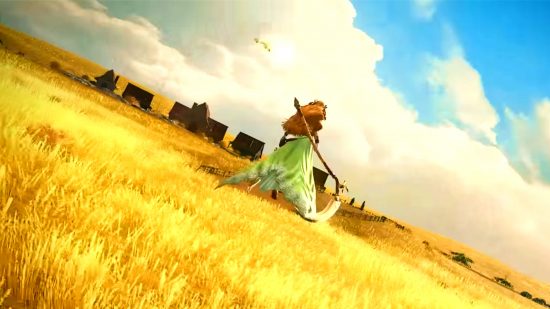 FFXIV Live Letter 75 – eine riesige Frau, die ein grünes Kleid trägt und eine Sense hält, steht zwischen goldenen Feldern unter einem wunderschönen blauen Himmel
