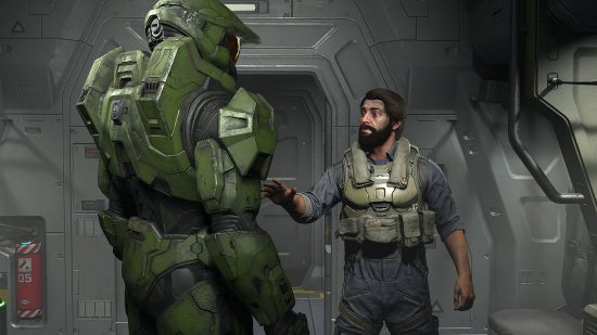 Pilot points at giant man in green armor in Halo Infinite, one of the best FPS games