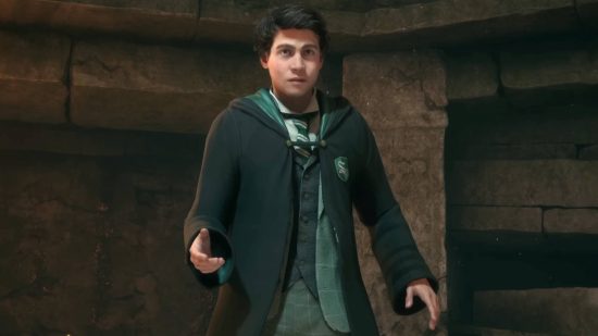 Hogwarts Legacy characters - Sebastian Sallow holding up his wand.