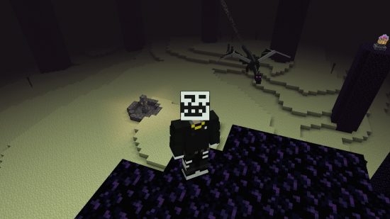 Funny Minecraft skins: A Minecraft player in a trollface skin stands in The End, as the Ender Dragon flies behind them