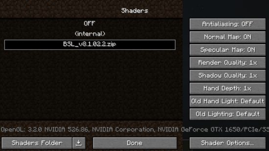 The Minecraft shaders option for selecting the best shaders in Minecraft Java edition