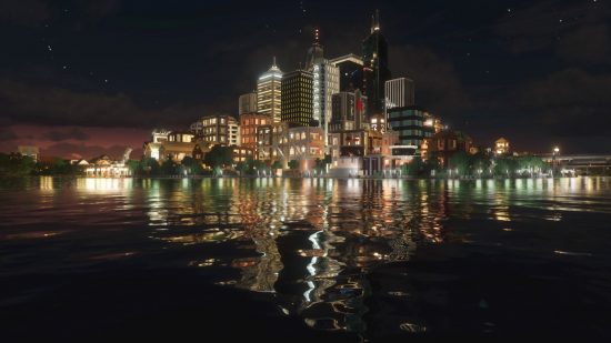 Best Minecraft shaders: A cityscape glows bright in the dark and is reflected in the realistic water surrounding it with new Continuum RT shaders equipped