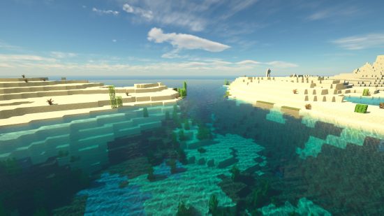 Minecraft shaders: Stunning, rippling water flows between two desert coasts in Minecraft with the realistic seus shaders installed