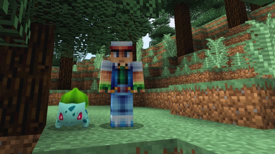 Minecraft skins: Ash Ketchum stands next to Bulbasaur in the Minecraft Pixelmon mod
