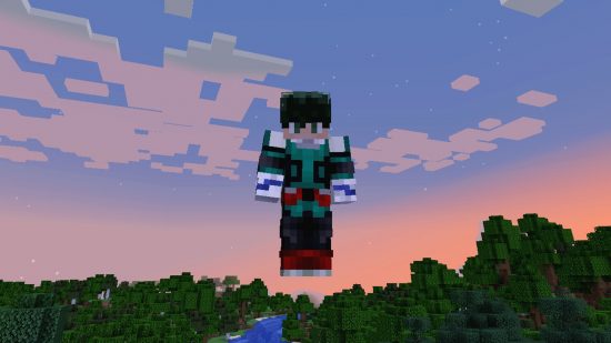 Anime-Minecraft-Skins: Ein Deku-Minecraft-Skin von My Hero Academia schwebt über Bäumen vor einem dämmerigen Himmel