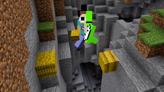 Minecraft skins: A Minecraft player wears a skin showing half Dream and half GeorgeNotFound, and is jumping between hay bales across a steep drop