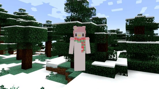 Cute Minecraft skins: Sanrio My Melody in Minecraft wearing a scarf and ear muffs in a snowy taiga