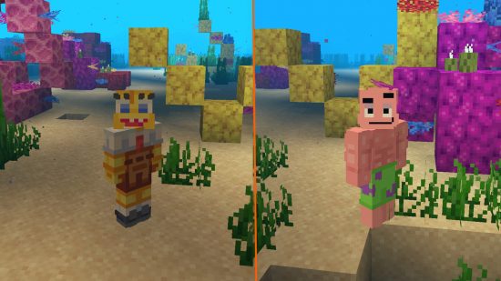 Minecraft-Skins: Patrick Star und Spongebob stehen auf dem Grund des warmen Minecraft-Ozeans, umgeben von bunten Korallenblöcken