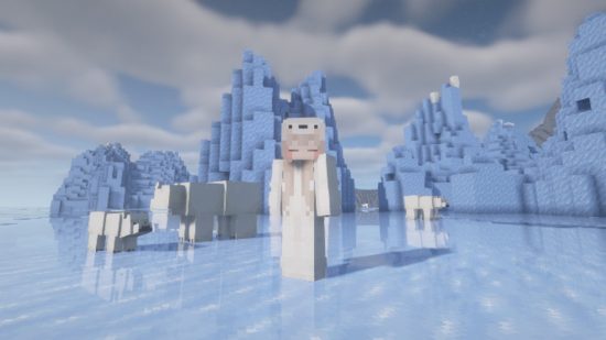 Niedliche Minecraft-Skins: Ein Minecraft-Spieler steht im gefrorenen Ozean, umgeben von Eisbären, und trägt einen weißen und pastellfarbenen Eisbären-Strampler
