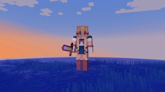 Minecraft anime skins: Sailor Moon holds a gold sword and floats above the sea in Minecraft