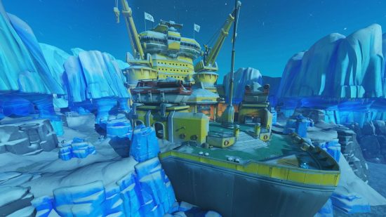 Overwatch 2-Karten: Ein Überblick über die Kontrollkarte der Antarktischen Halbinsel im kostenlosen PC-Spiel mit einem Eisbrecher-Schiff.